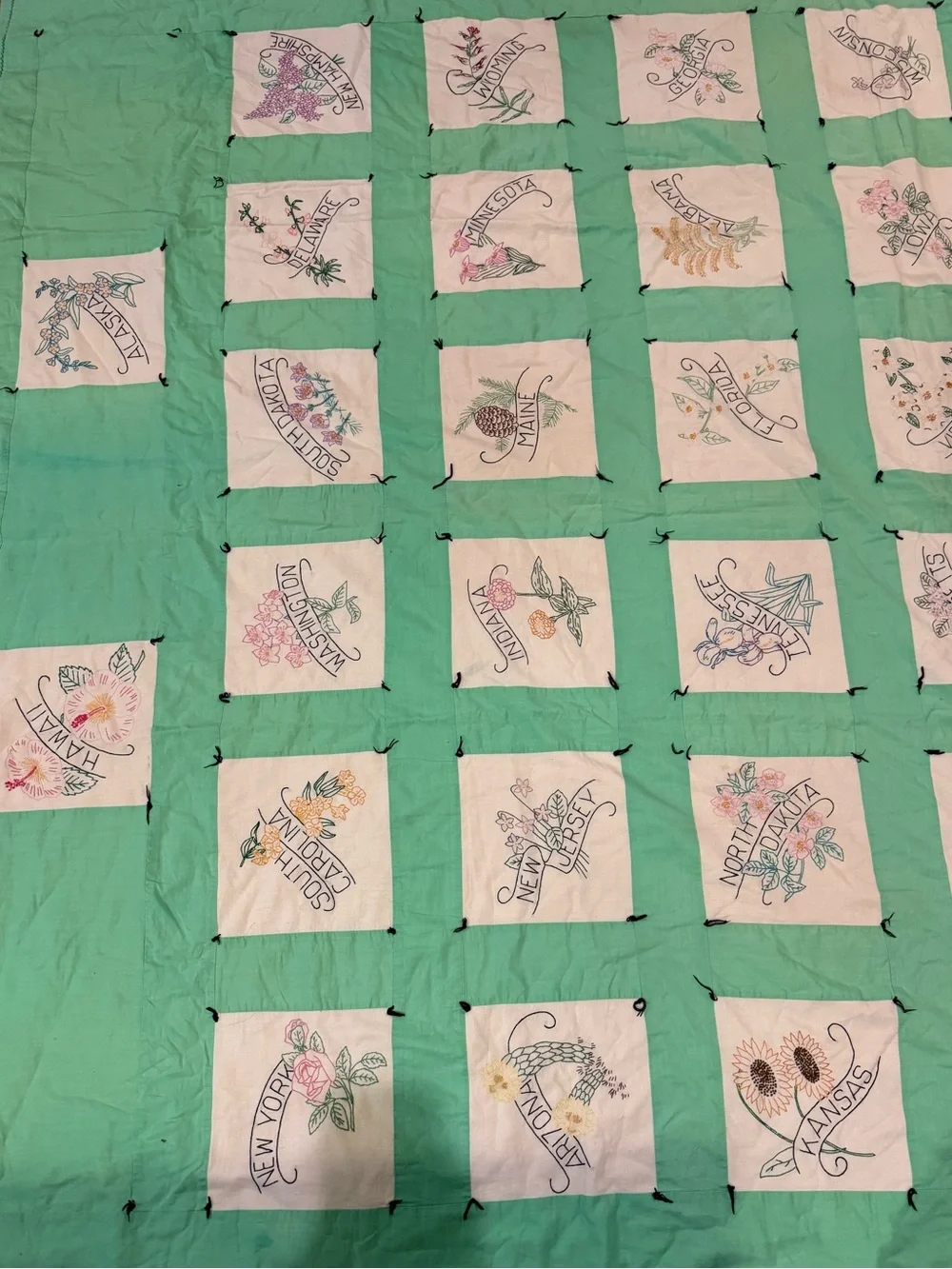 Vintage Embroidered 50 State Flower Patchwork Quilt Mint + Cream cottage country